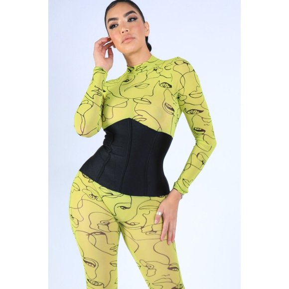 Face Contour Drawing Mesh Skinny Jumpsuit Long Sleeve Neon Yellow Mock Neck - Picture 5 of 7